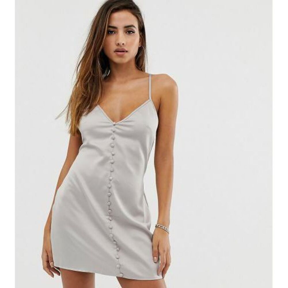 Missguided Button Through Satin Mini Dress In Silver Satin Size 10